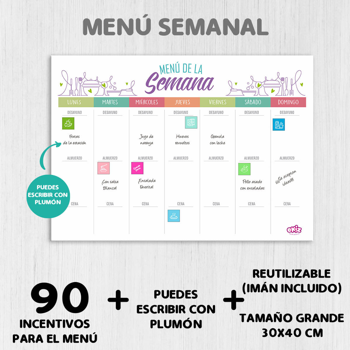 Pack: Tablero grande con Menú semanal + Taco con lista de compras