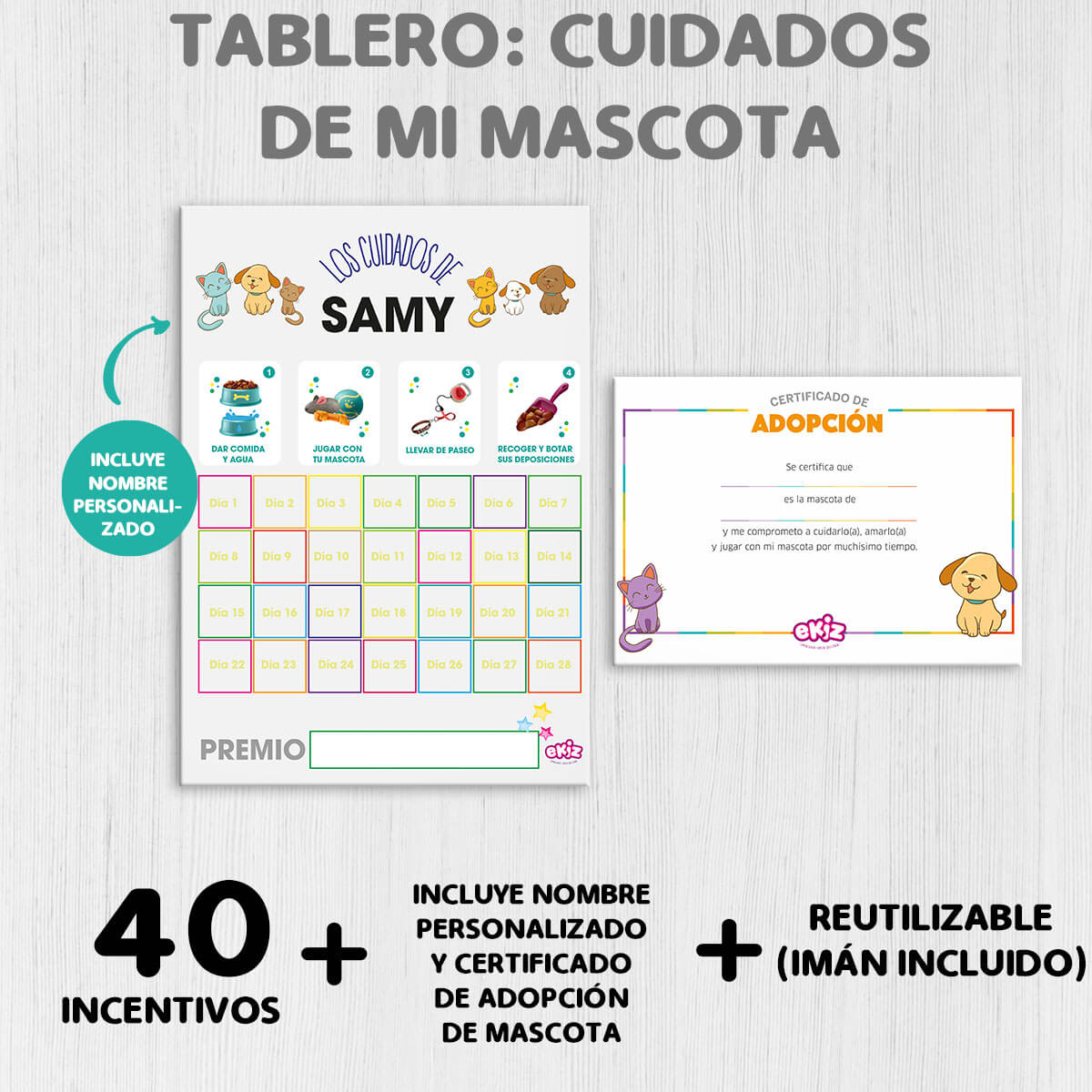 Tablero Cuidar de mi mascota + Certificado de adopción