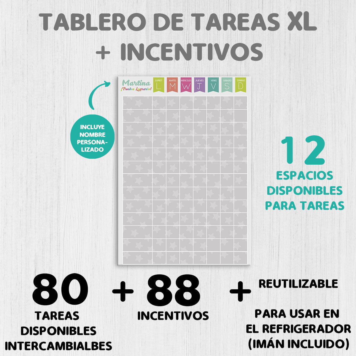 Tablero de tareas XL (para 12 tareas por tablero) + incentivos para niños