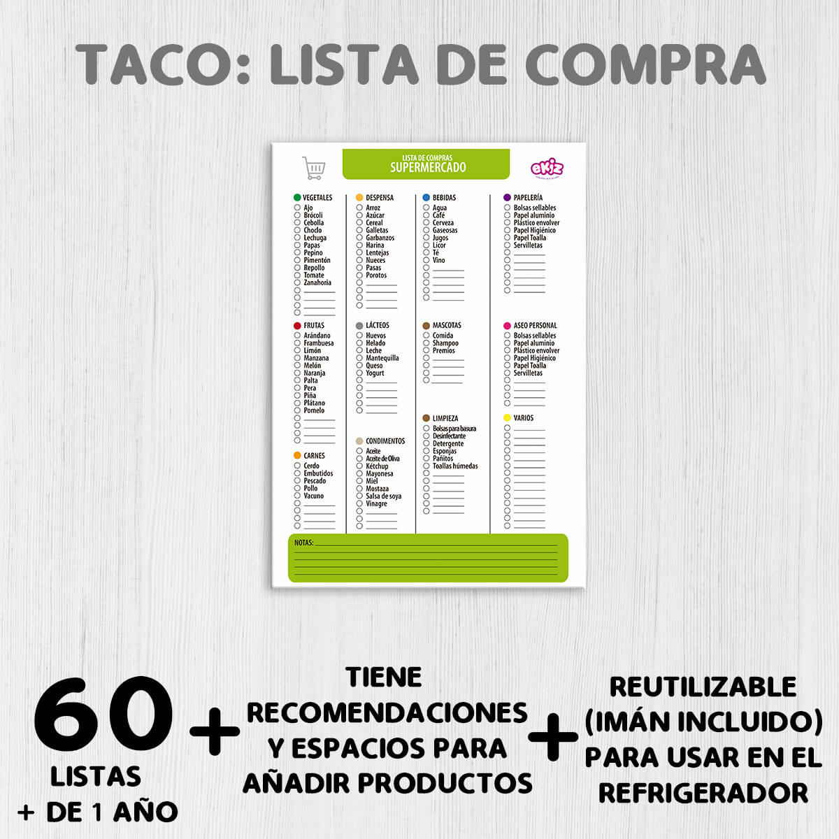 Pack: Tablero grande con Menú semanal + Taco con lista de compras